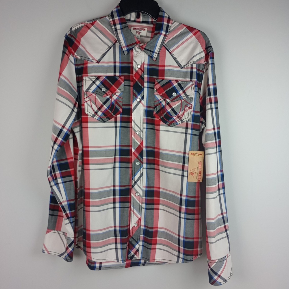 NWT True Religion Men M Red White Blue Plaid Pearl Snap Up Long Sleeve Shirt